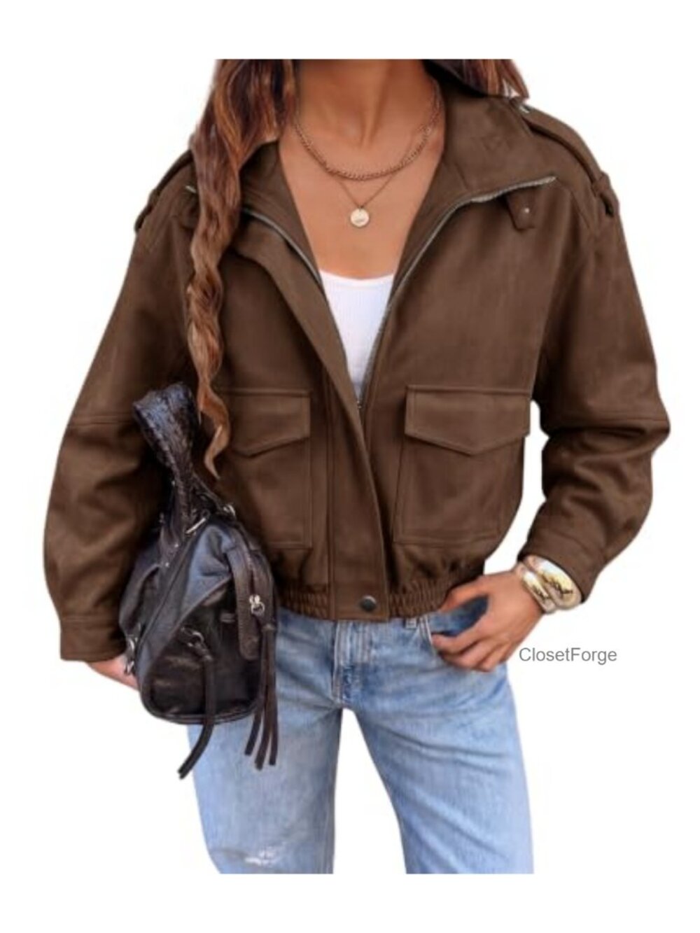 Faux Suede Cropped Jacket Women Trendy Fall Shacket Bomber Coat